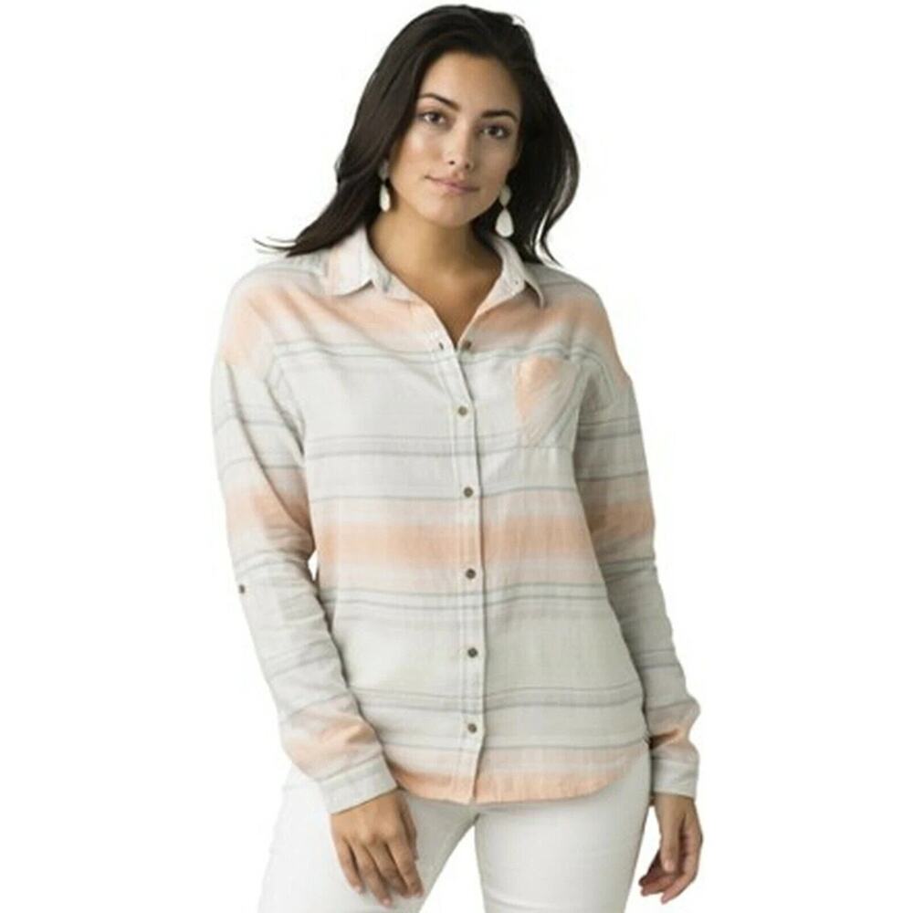 Prana Plaid Button Down Shirt Size Large Women's Striped‎ Longsleeve Gorpcore